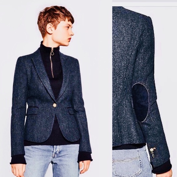 Zara Jackets & Blazers - Zara Elbow Patch Wool Blazer in Navy
